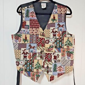 Vintage Bobbie Brooks Christmas Patchwork Tapestry Vest Medium 90s Cottage Santa
